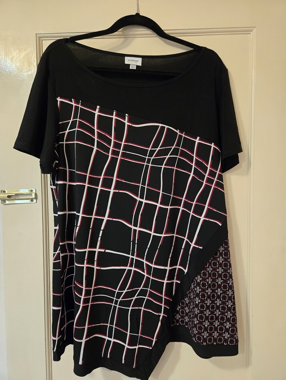 Avenue Black Tunic with Red and White Grid and Patterned Accent